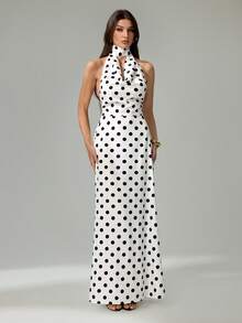 SHEIN Tall Đầm dài chấm bi thanh lịch với cổ áo xòe rộng dành cho nữ - trắng - Xem 1