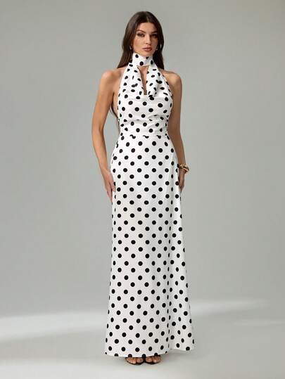 SHEIN Tall Đầm dài chấm bi thanh lịch với cổ áo xòe rộng dành cho nữ
