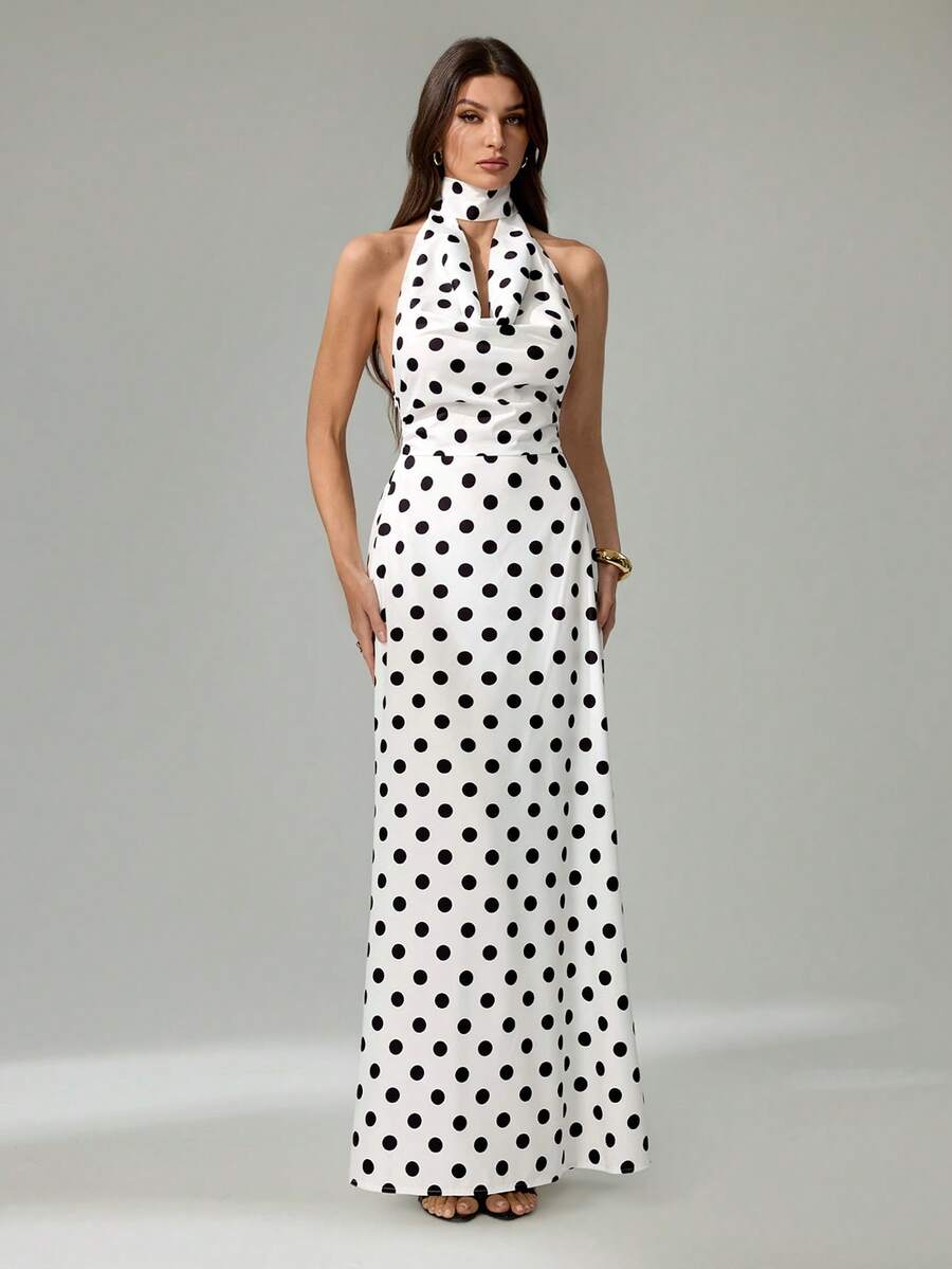 SHEIN Tall Đầm dài chấm bi thanh lịch với cổ áo xòe rộng dành cho nữ - trắng - Xem 1