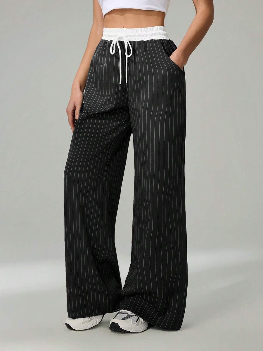 SHEIN Tall Women's Casual Loose Checked Wide Leg Pants - Black - View 1