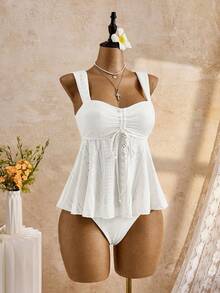 Bellisia 26SS Spring/Summer Vacation Beach Cute Yellow Jacquard Embroidered Camisole & Bikini Set - White - View 4