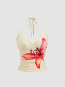 SHEIN Sweetro Camiseta sin espalda con estampado floral tropical de vacaciones para mujer - Albaricoque - Ver 1