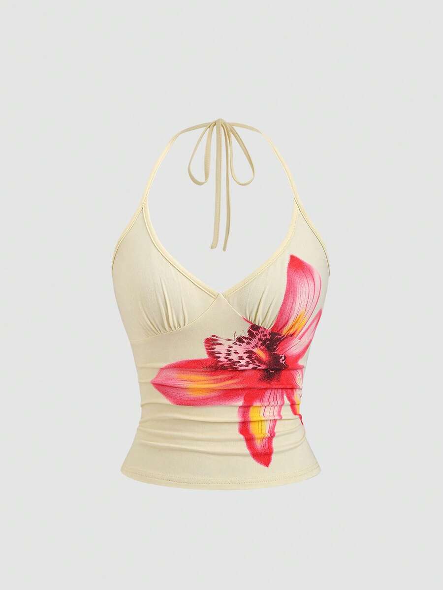 SHEIN Sweetro Camiseta sin espalda con estampado floral tropical de vacaciones para mujer - Albaricoque - Ver 1