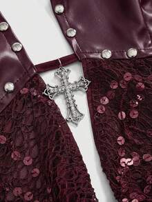 ROMWE Grunge Punk Áo vest hở lưng đính hạt và lưới phối da PU, kiểu dáng lễ hội âm nhạc Y2K Baddie, mặt dây chuyền hình thánh giá bằng kim loại cho nữ. - Màu Đỏ Sâu - Xem 5