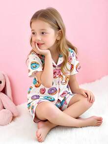 Bộ áo cardigan cổ bẻ tay ngắn và quần short in hình bánh donut dễ thương cho bé gái, chất liệu chống cháy. - Màu be - Xem 7