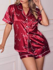 SweetSlumber Conjunto de bata y pijama de satén con estampado de lazos lindo para mujer - Multicolor - Ver 5