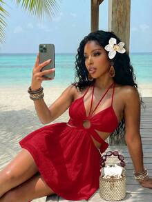 Slaydiva 夏季时尚基础款，百搭休闲又不失优雅，适合度假、旅行、海滩、海边、泳池、游艇、日光浴等场合，可爱甜美，休闲又不失优雅，露背蕾丝拼接镂空A字伞裙白色绉纱女士短裙 - Z - 紅色 - 查看 4