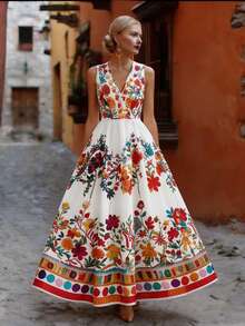 GlowEve Women's Summer Vacation Multi-Color V-Neck Placement Print Sleeveless A-Line Dress - Multicolor - View 3