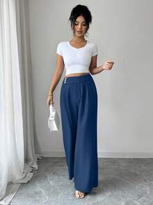 Elenzga Calça feminina elegante, moderna e urbana, azul-clara, de cintura alta e modelagem flare com botões dourados. Ideal para uso diário, casamentos, eventos de gala, trabalho, formaturas, feriados, férias, encontros, festas, Halloween, Natal, Ano Novo, Dia de Ação de Graças e casamentos. - Azul marinho - Ver 4