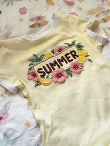 SHEIN Women's Pale Yellow Ink Print Fitted Short Sleeve T-Shirt Beach Vacation Summer Tropical - Multicolor - View 4