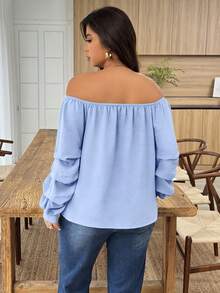 EMERY ROSE Plus Size Women's Casual Solid Color Off-Shoulder Blouse - Baby Blue - View 2