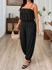 SHEIN LUNE Plus Size Brown Lace Contrast Mesh Camisole Jumpsuit, Women's Cinched Waist Bowknot Hem Sleeveless Yoga Casual Jumpsuit, Summer, Everyday Gym - Black - View 3