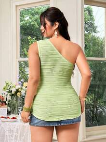 FleurLily Atasan Wanita Ukuran Besar Bertekstur Satu Bahu, Atasan Musim Panas Elegan dengan Belahan di Bagian Bawah, Cocok untuk Piknik, Olahraga, Pesta, Perjalanan, dan Pantai - Lime Green - View 5