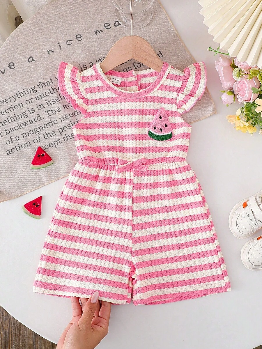 SHEIN Playful Pals 女婴休闲条纹西瓜连体衣，春夏款 - 粉色 - 查看 1
