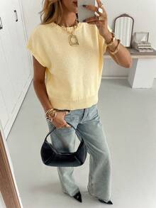 Siren Gaze Women's Solid Color Round Neck Short Sleeve Casual Loose Knit Top - Light Yellow - View 7