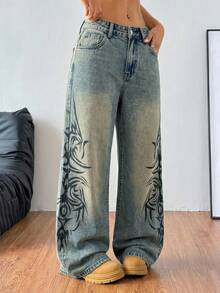 SHEIN PETITE 女士Y2K高腰阔腿牛仔裤，复古水洗蓝色印花宽松牛仔裤，带口袋，完美搭配街头风和Grunge风格服装。女士印花斜插口袋休闲百搭阔腿牛仔裤。 - 黑色 - 查看 4
