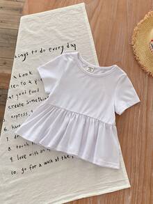 SHEIN LMoss Kids LMoss 女婴三件套休闲简约夏季纯色针织荷叶边短袖上衣 - 彩色 - 查看 8