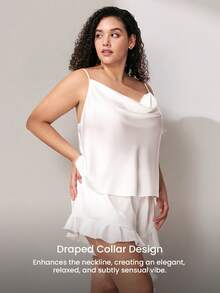 LUVLETTE Summer Sweet Feminine Plus Size Satin Pajama Set - Cowl Neck Camisole & Ruffled Shorts Soft Romantic Lounge Wear Wedding Items Bride Pajamas Set - White - View 8