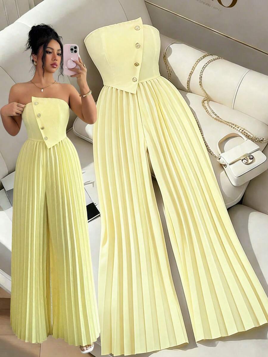 SHEIN Elenzya 奶油黄色无肩带纽扣连体裤，高腰褶裥阔腿裤，优雅成熟风连体裤，适合派对和约会 - 黃色 - 查看 1