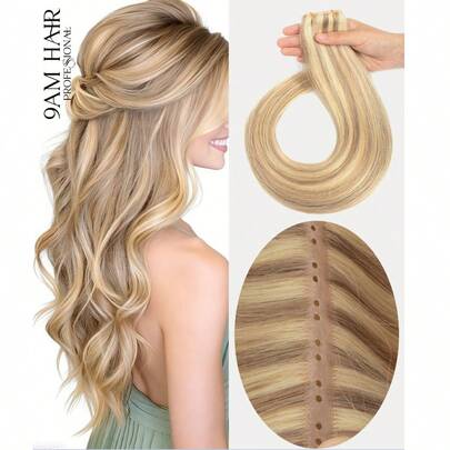 Butterfly Weft Hair Extensions Real Human Hair PU Hole Weft Extension Real 12-24inch Ash Blonde Highlighted Blonde Color Straight Human Hair Extensions Bundles Invisible Hair Extensions Human Hair PU Weft Hair Extensions With Hole Soft & Silky For Daily & Party & Holiday & Wedding