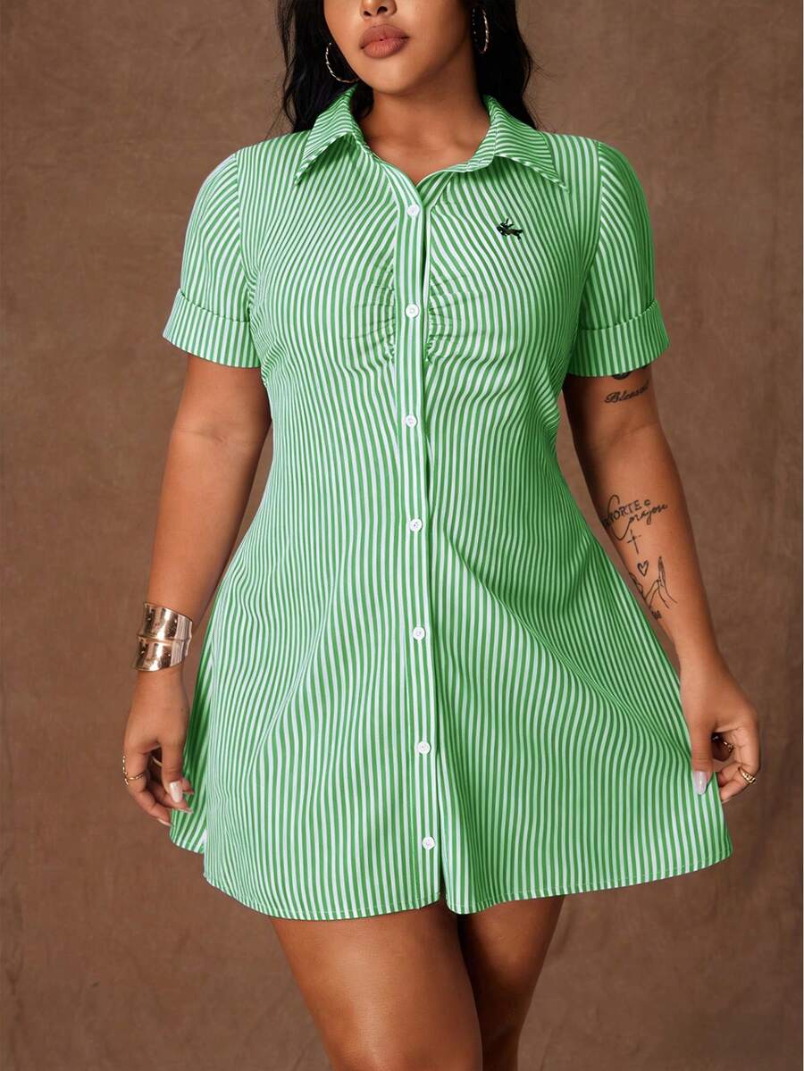 Plus Size Women Striped Short Sleeve Dress - Green - View 1