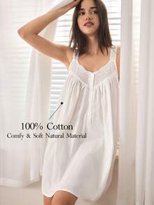 Ocili Women's Floral Embroidery Hollow Button Design Nightgown, Ladies' Sleepwear Dress - White - View 1