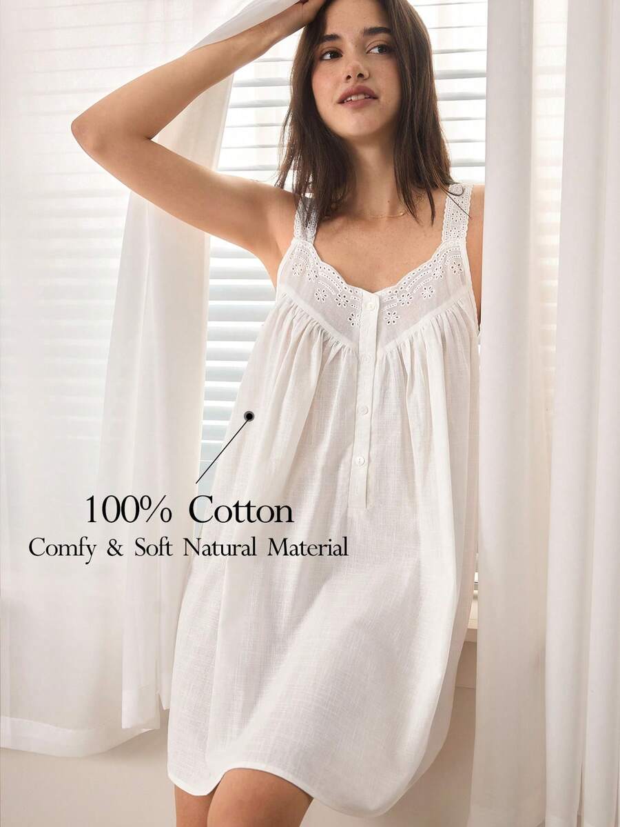 Ocili Women's Floral Embroidery Hollow Button Design Nightgown, Ladies' Sleepwear Dress - White - View 1