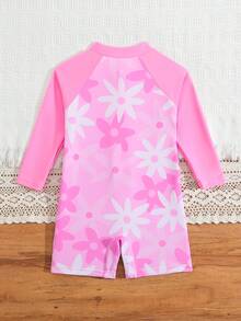 SHEIN Playful Pals 女童鲨鱼印花长袖连体泳衣，可爱图案，防晒，夏季 - 淺粉色 - 查看 2