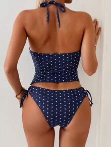 Swim Mod Women's Polka Dot Halter Neck Backless Tankini Swimsuit Set, Suitable For Beach & Holiday - Multicolor - View 2