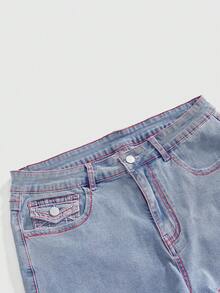 ROMWE Y2K Summer Versatile Streetwear Inspired Pink Accent Line Design High Stretch Fabric Plus Size Women Skinny Denim Mini Shorts - Baby Blue - View 4