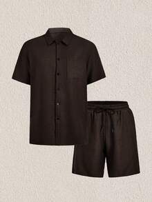 Mercer Haus Men's Casual Solid Color Simple Khaki Shirt & Drawstring Shorts Set, Summer , Suitable For Summer Tropical Holiday Vacation In Hawaii. - Coffee Brown - View 3