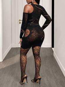 BamGleam Bộ đồ hai mảnh gợi cảm dành cho nữ, chất liệu lưới xuyên thấu khoét vai. - màu đen - Xem 2