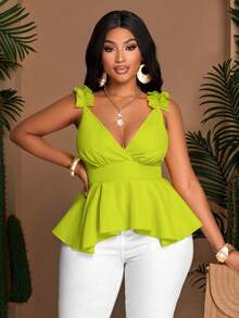 大码女装春夏宽松休闲纯色荷叶边肩带不规则下摆长款衬衫，吊带背心，适合日常穿着、海边度假 - 橄欖綠 - 查看 4