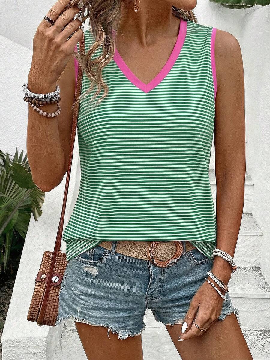 Selamara 女士V领条纹印花撞色设计休闲百搭背心，春夏款 - 彩色 - 查看 1