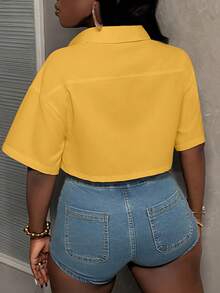 Slaydiva 休闲街头风白色 Polo 领口袋短款上衣，实用口袋短袖衬衫，女士工作衬衫，黄色短款外套，女士上衣和衬衫，工作衬衫，工作服 - 鵝黃色 - 查看 2