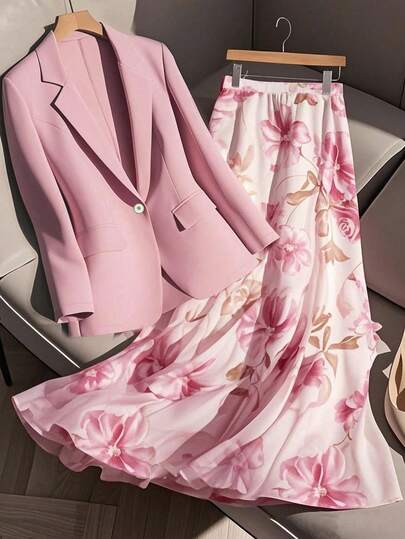 GlowEve CURVE Modisches Pendler-Set in großen Größen für Damen, bestehend aus elegantem Blazer mit Blume Muster und weitem A-Linien Rock, Business-Lässig-Outfit, Blazer-Set für Frauen mit Rock, Zweiteiler für Frauen, Rock mit Blumenmuster, Blazer-Rock-Set, Frühlingsoutfit für Frauen