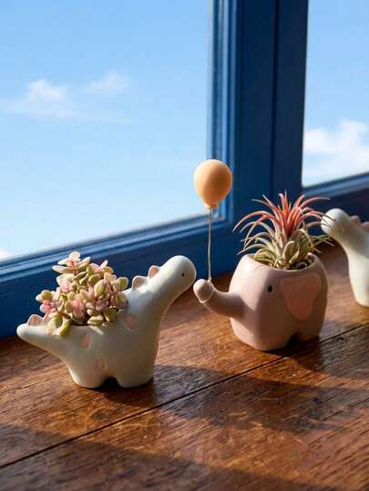 Joivida 1个阳台桌面装饰摆件，迷你可爱小恐龙大象多肉植物种植陶瓷创意小花盆，迷你植物种植盆栽装饰，适用于客厅、书房、阳台、庭院装饰