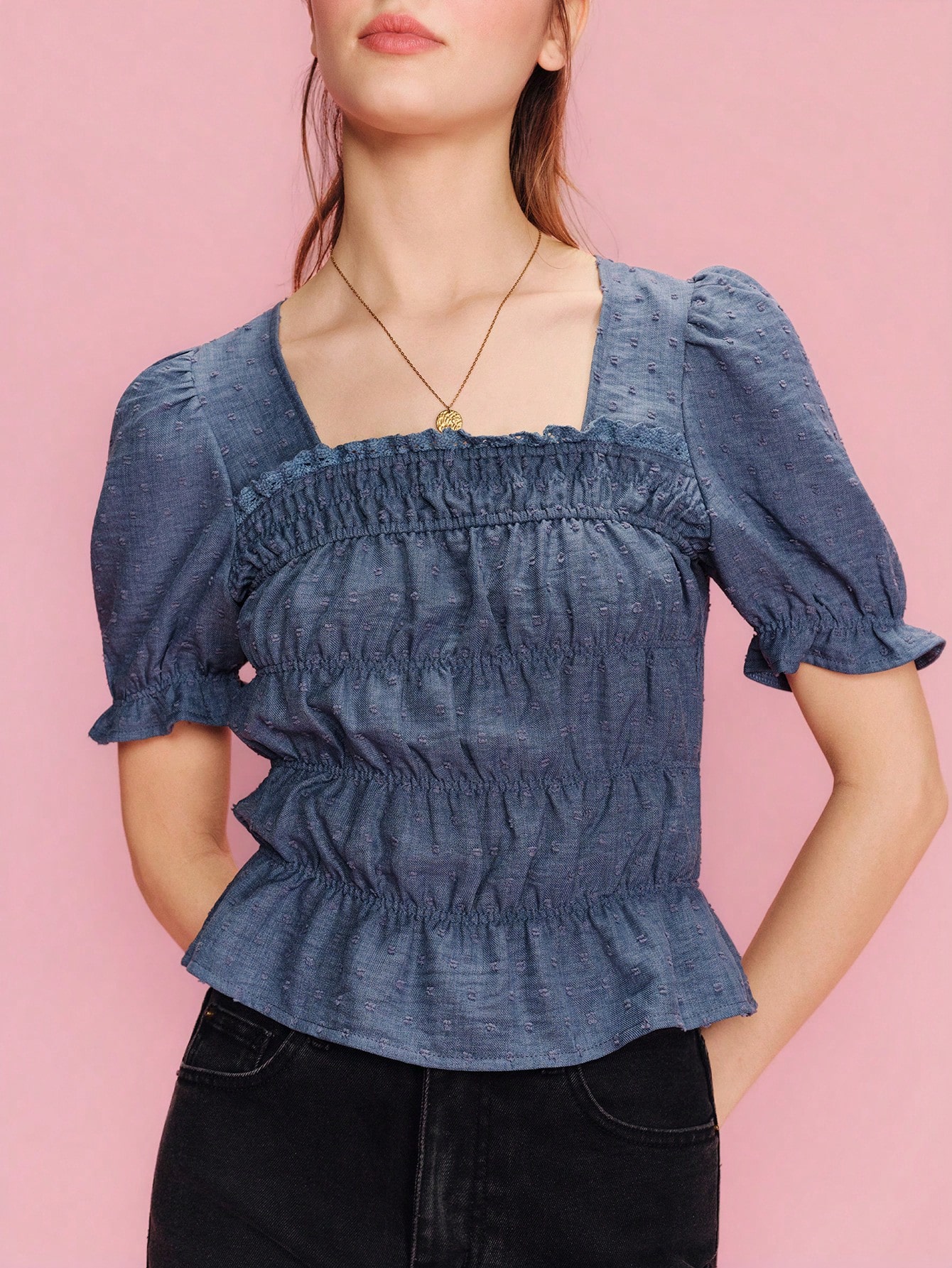 Blue Square Neck Top With Puff Short Sleeves, Ruffle And Crochet Trim Details Spring Summer French Style Parisian Style Vintage Top Cute Summer Top Office Top Vintage Top