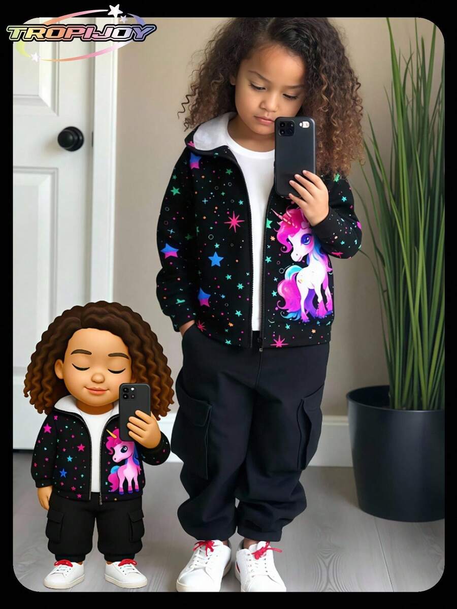 SHEIN 小女孩独角兽和星星夜光图案连帽长袖夹克，秋冬时尚休闲运动服独角兽夹克女童夹克 - 彩色 - 查看 1