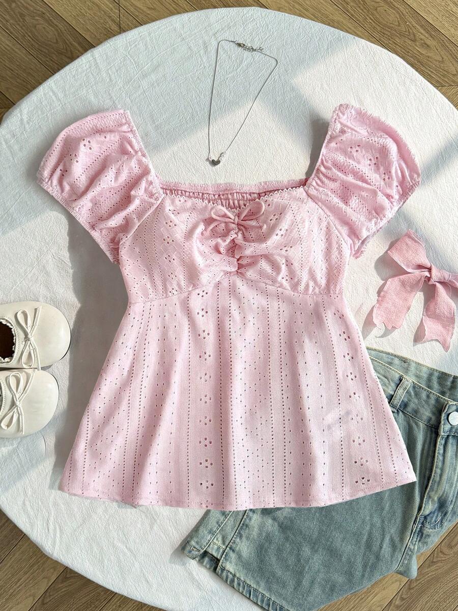 SHEIN Teen Girls' Casual Comfortable Jacquard Knit Pullover Shirt, Pink - Pink - View 1