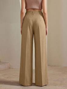 Anewsta Women's Elegant High-Waisted Brown Striped Wide-Leg Suit Pants,Urban Chic Crease Design,Khaki,Summer,Casual,Bissness Commuter Trousers For Daily Wear - Khaki - View 2