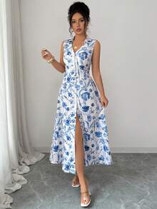 SHEIN Elenzya Đầm dài nữ kiểu retro màu xanh trắng họa tiết sứ, cổ chữ V, không tay, cài cúc đơn, thắt nơ eo, thanh lịch, thích hợp cho kỳ nghỉ, dạo phố, đi biển, đi làm, hẹn hò công sở, mùa xuân hè. - Nhiều màu - Xem 3