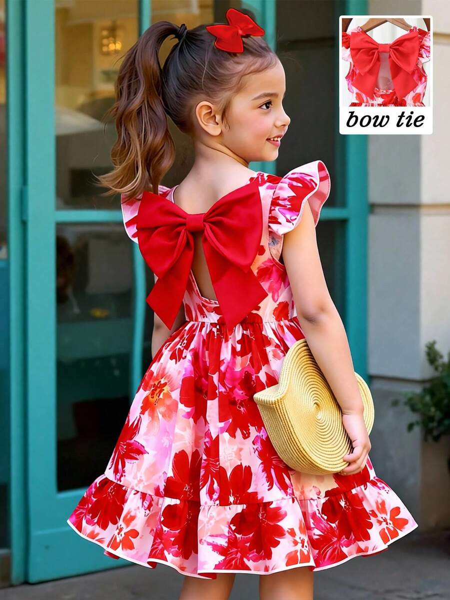 SHEIN Elladie kids 女童春夏休闲时尚新款连衣裙，背面饰有红色蝴蝶结，梭织面料印有彩色花卉图案，无袖修身A字连衣裙，面料柔软舒适，适合可爱、休闲、日常、上学、度假、派对等场合。儿童时尚红色蝴蝶结连衣裙，童装，可爱女童连衣裙，女童花卉连衣裙，夏季服装，优雅派对连衣裙，柔软连衣裙。儿童连衣裙，儿童花卉连衣裙，夏季服装，柔软连衣裙。 - 紅色 - 查看 1
