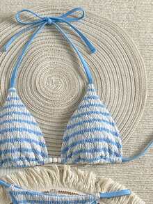 Swim Vcay Women's Blue And White Striped Crochet Bikini Set,Spaghetti Strap Halter Beaded Swimwear,High Cut Bottoms,Summer,Techno,Beach Party,Rave,Holida Y - Blue and White - View 5