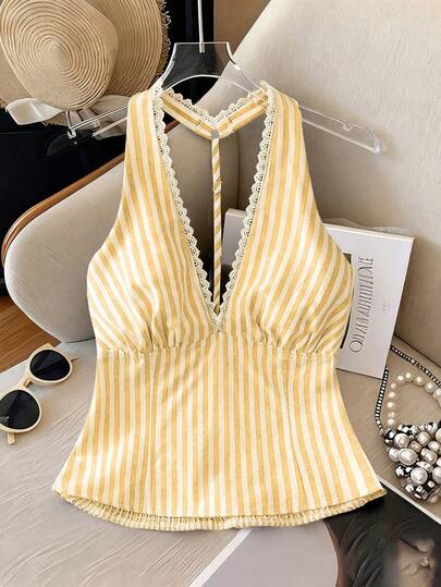 Resyla Áo hai dây nữ thời trang mùa hè mới, kẻ sọc xanh dương, áo hai dây nữ phối ren, áo hai dây nữ hở lưng, áo hai dây nữ khoét lưng, thích hợp cho kỳ nghỉ.