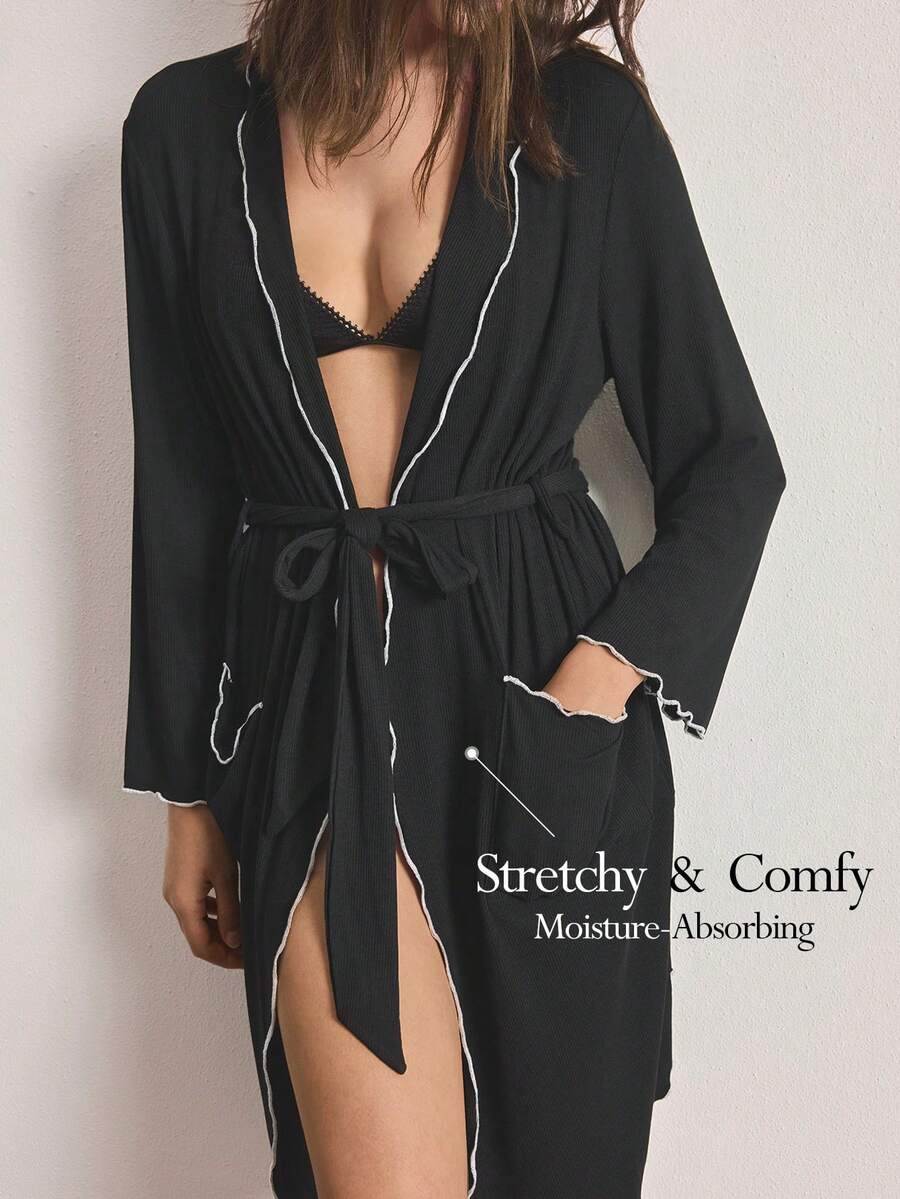 Ocili Comfortable Ribbed Cotton Contrast Color Frill Trim Small Lapel Soft Short Robe, Women Sleepwear Bathrobe - Black - View 1