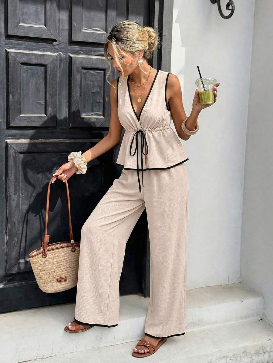 Serisse 女士深V领褶皱边饰上衣和阔腿裤休闲两件套 - 杏色 - 查看 1
