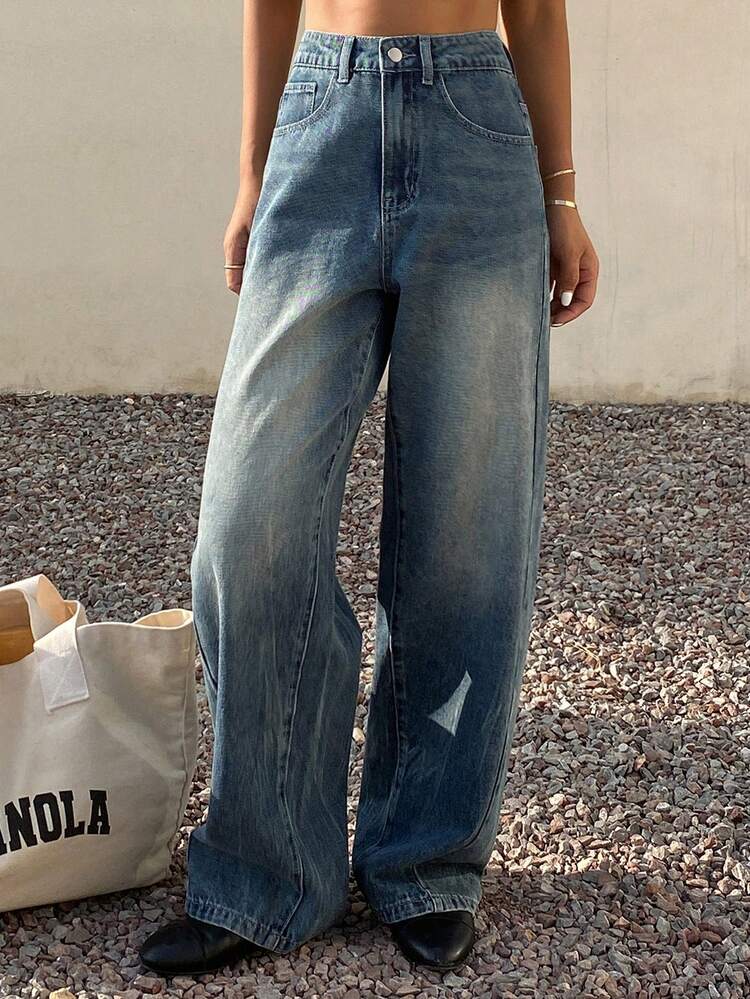 Women's Loose Fit Letter Print Rhinestone Embellished Casual Denim Jeans, Suitable For Spring & Summer