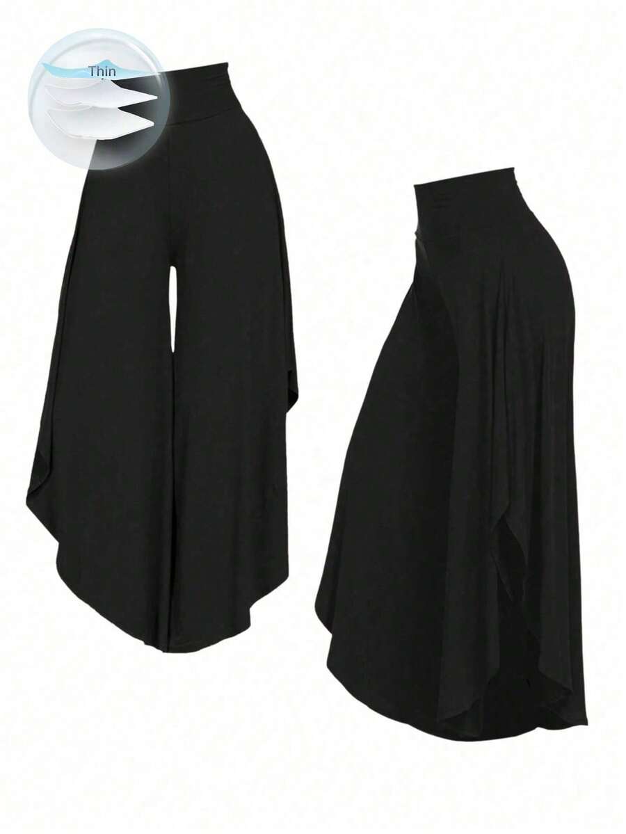 SHEIN PETITE 女士不对称宽松休闲裤，适合夏季和毕业典礼穿着 - 黑色 - 查看 1