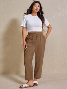 Elaquor Plus Size Women Casual Pants With Eye Embroidery Pockets - Camel - View 3